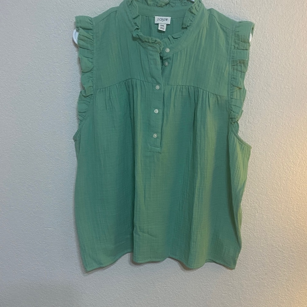 J. Crew Sleeveless Ruffle Cotton Blend Blouse in Mint Green